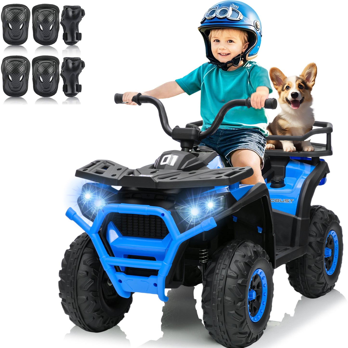 24V 4x4 Ride on Toys Car, BLISSRIDE Kids ATV Quad w/Kneepads, 5Mph Max Speed, Music, LED Lights, Rear Storage Rack, Big Tires, Safe Soft Start&Brake, Electric 4 Wheeler for Kids Boys Girls, L Blue