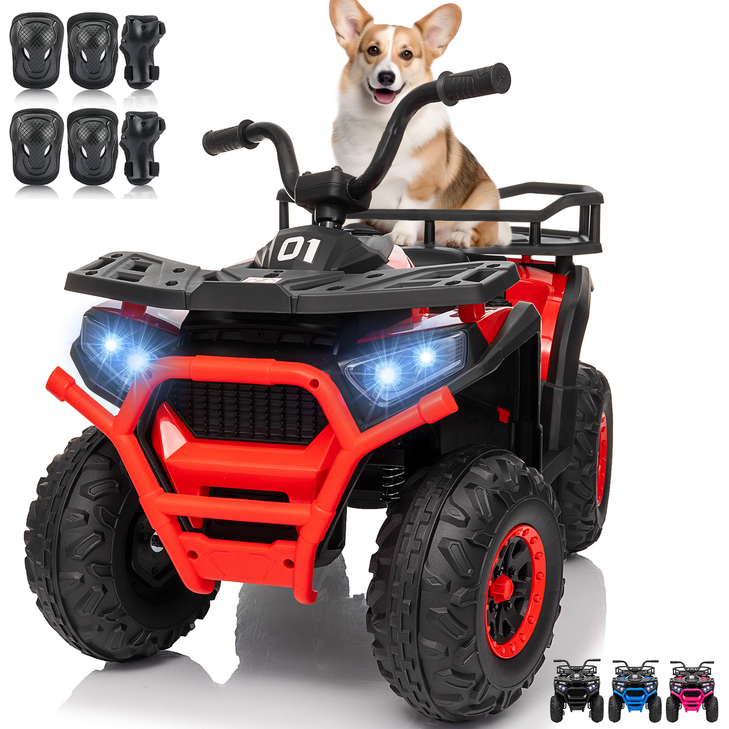 24V 4x4 Ride on Toys Car, BLISSRIDE Kids ATV Quad w/Kneepads, 5Mph Max Speed, Music, LED Lights, Rear Storage Rack, Big Tires, Safe Soft Start&Brake, Electric 4 Wheeler for Kids Boys Girls, L Red