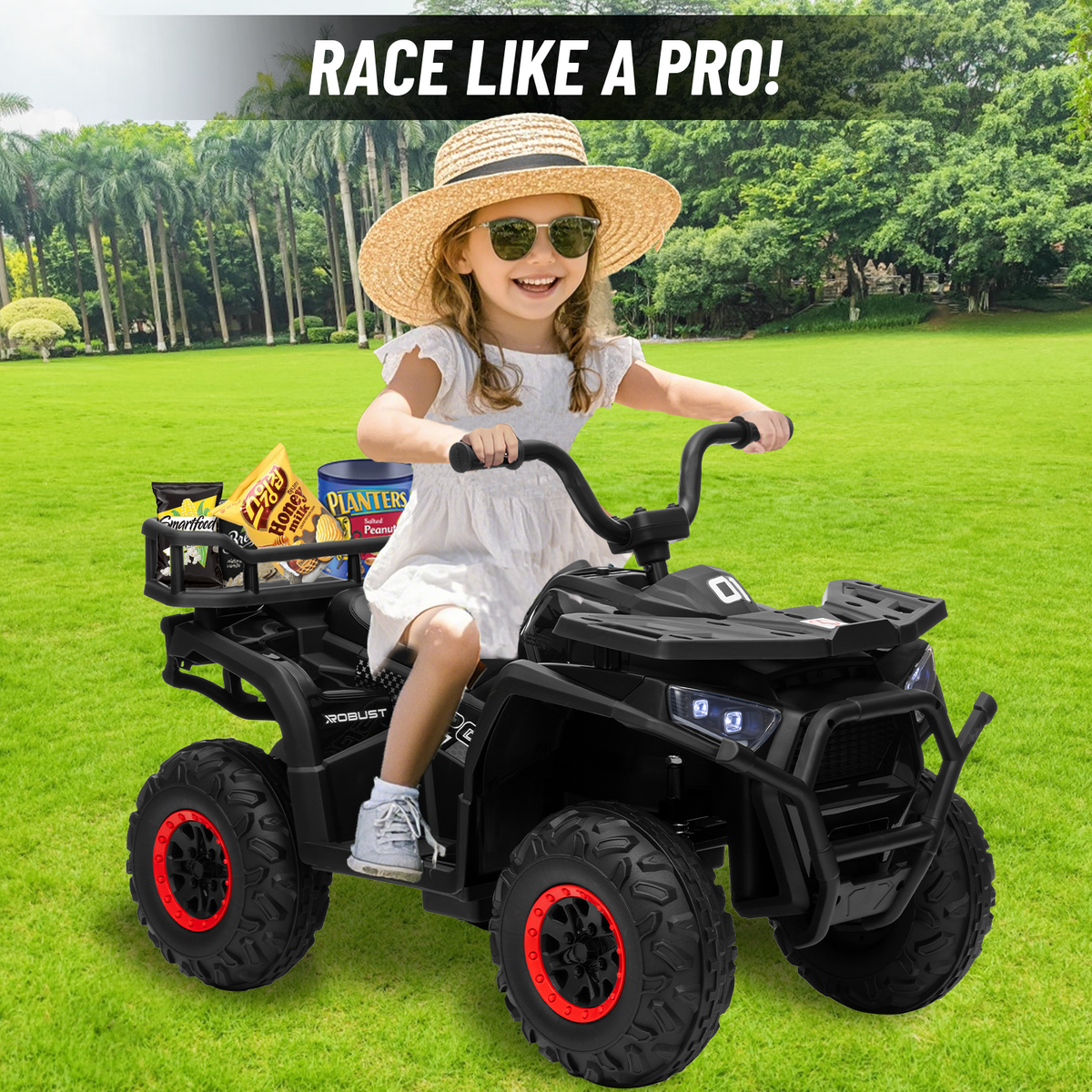 24V 4x4 Ride on Toys Car, BLISSRIDE Kids ATV Quad w/Kneepads, 5Mph Max Speed, Music, LED Lights, Rear Storage Rack, Big Tires, Safe Soft Start&Brake, Electric 4 Wheeler for Kids Boys Girls, Black