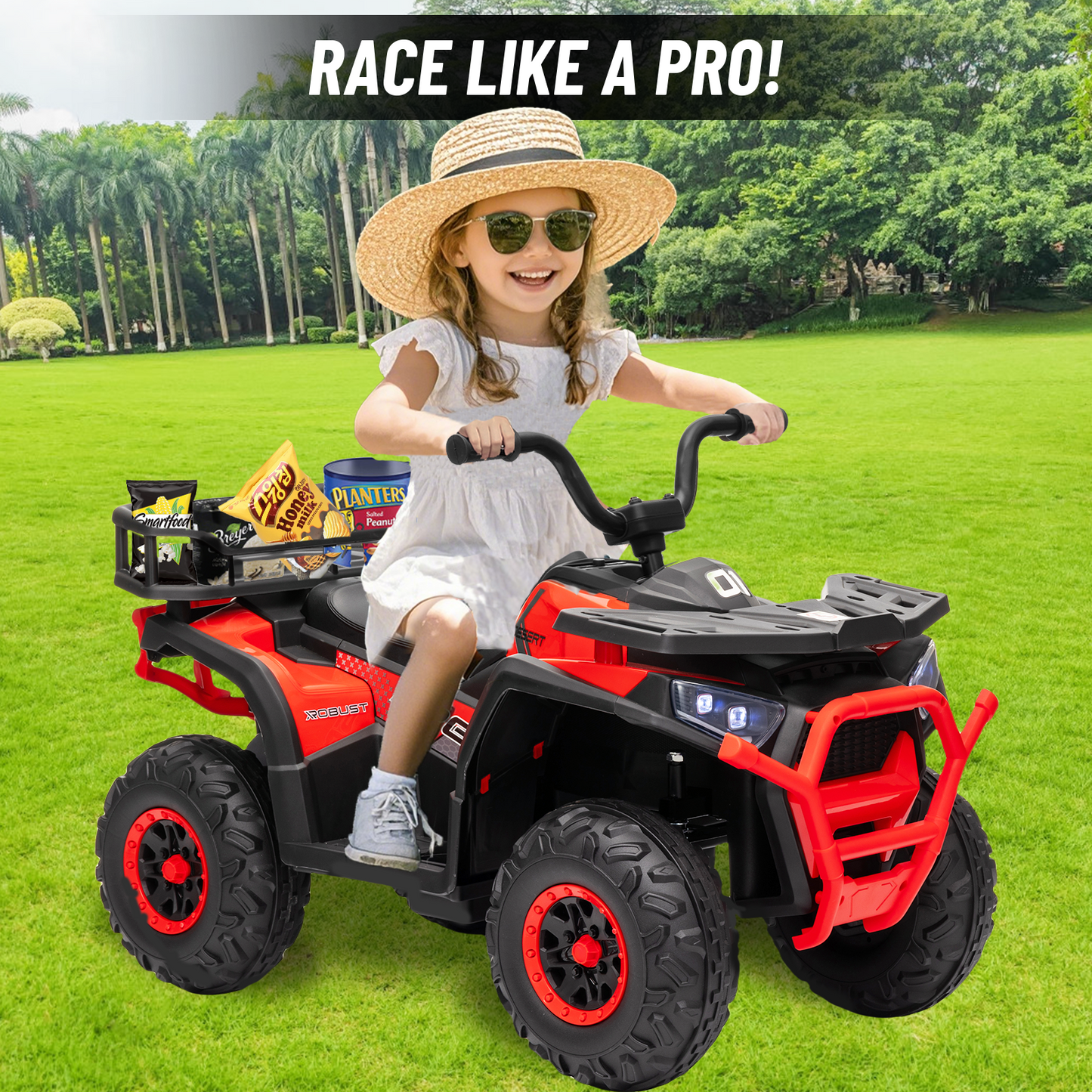 24V 4x4 Ride on Toys Car, BLISSRIDE Kids ATV Quad w/Kneepads, 5Mph Max Speed, Music, LED Lights, Rear Storage Rack, Big Tires, Safe Soft Start&Brake, Electric 4 Wheeler for Kids Boys Girls, L Red