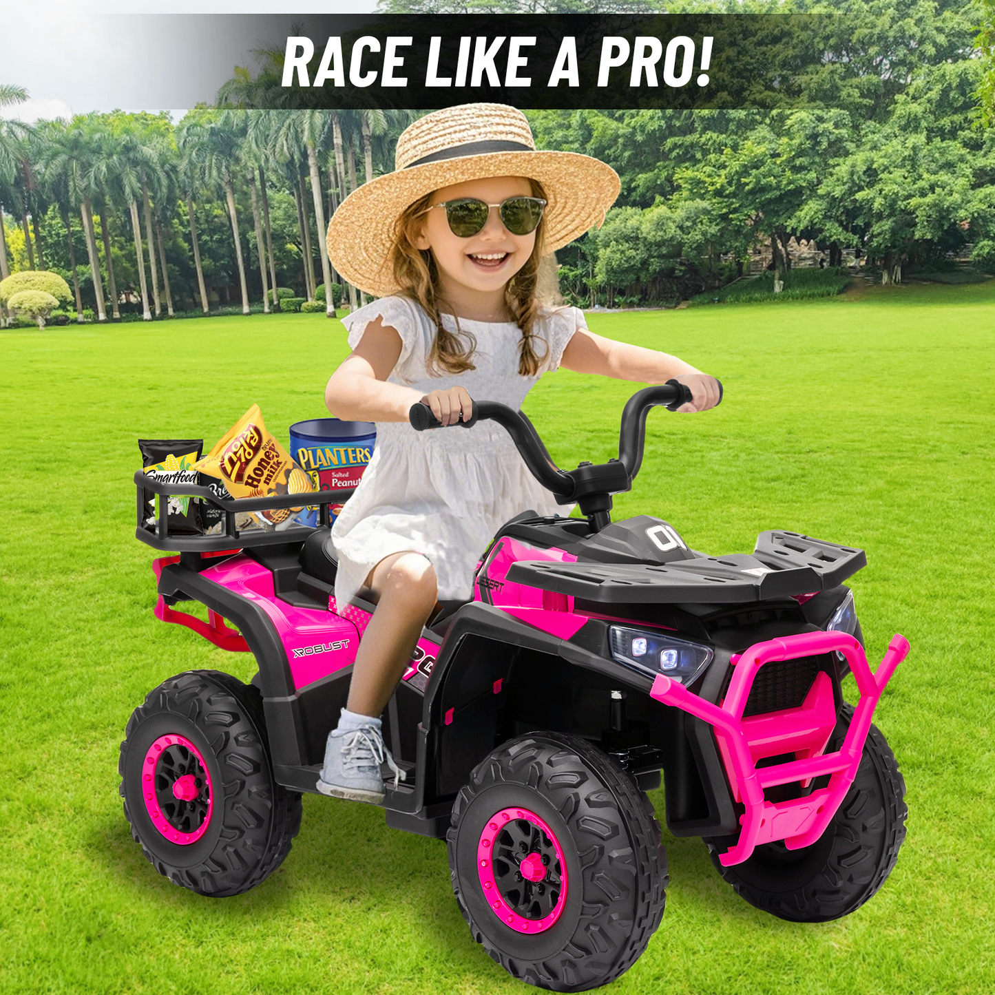 24V 4x4 Ride on Toys Car, BLISSRIDE Kids ATV Quad w/Kneepads, 5Mph Max Speed, Music, LED Lights, Rear Storage Rack, Big Tires, Safe Soft Start&Brake, Electric 4 Wheeler for Kids Boys Girls, B Pink