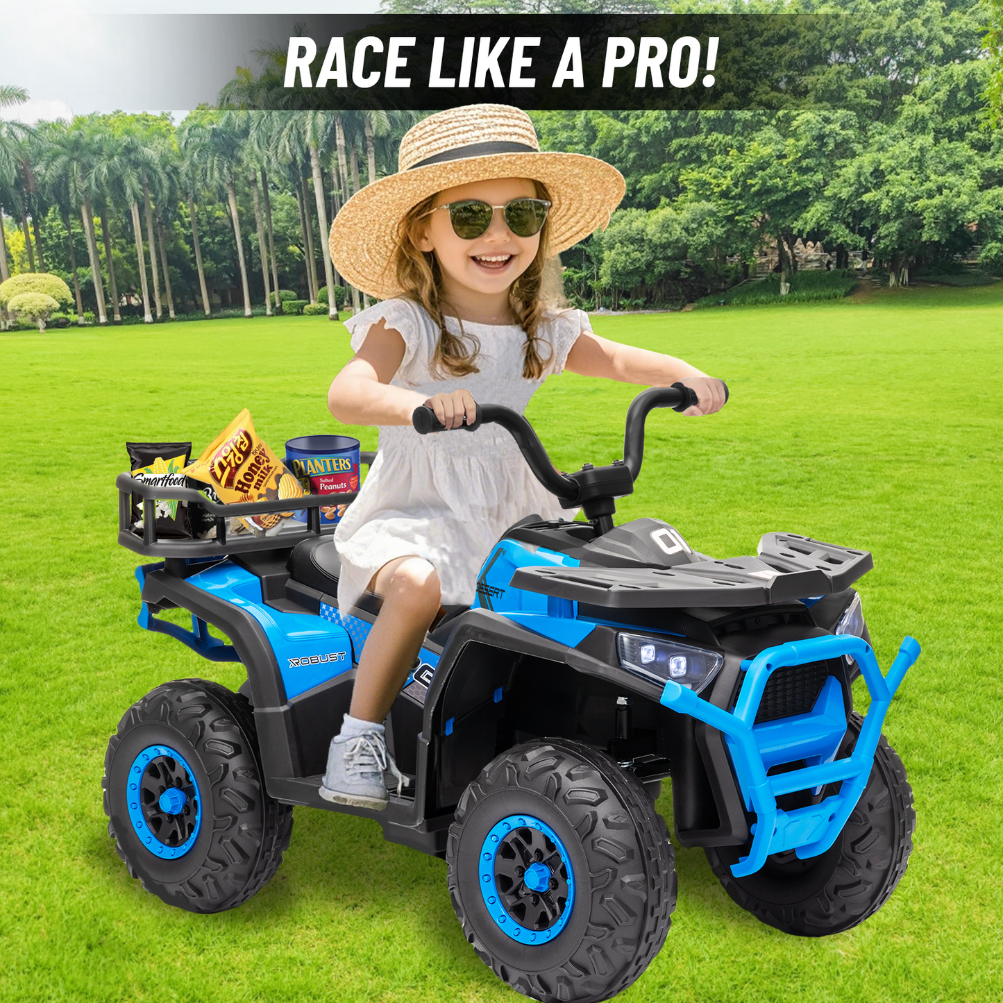 24V 4x4 Ride on Toys Car, BLISSRIDE Kids ATV Quad w/Kneepads, 5Mph Max Speed, Music, LED Lights, Rear Storage Rack, Big Tires, Safe Soft Start&Brake, Electric 4 Wheeler for Kids Boys Girls, L Blue
