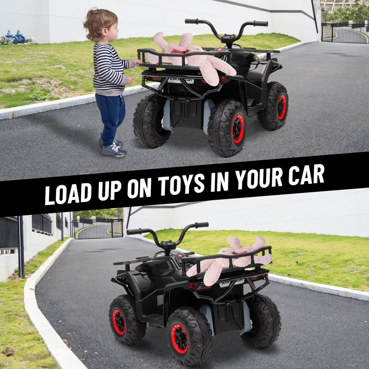 24V 4x4 Ride on Toys Car, BLISSRIDE Kids ATV Quad w/Kneepads, 5Mph Max Speed, Music, LED Lights, Rear Storage Rack, Big Tires, Safe Soft Start&Brake, Electric 4 Wheeler for Kids Boys Girls, Black