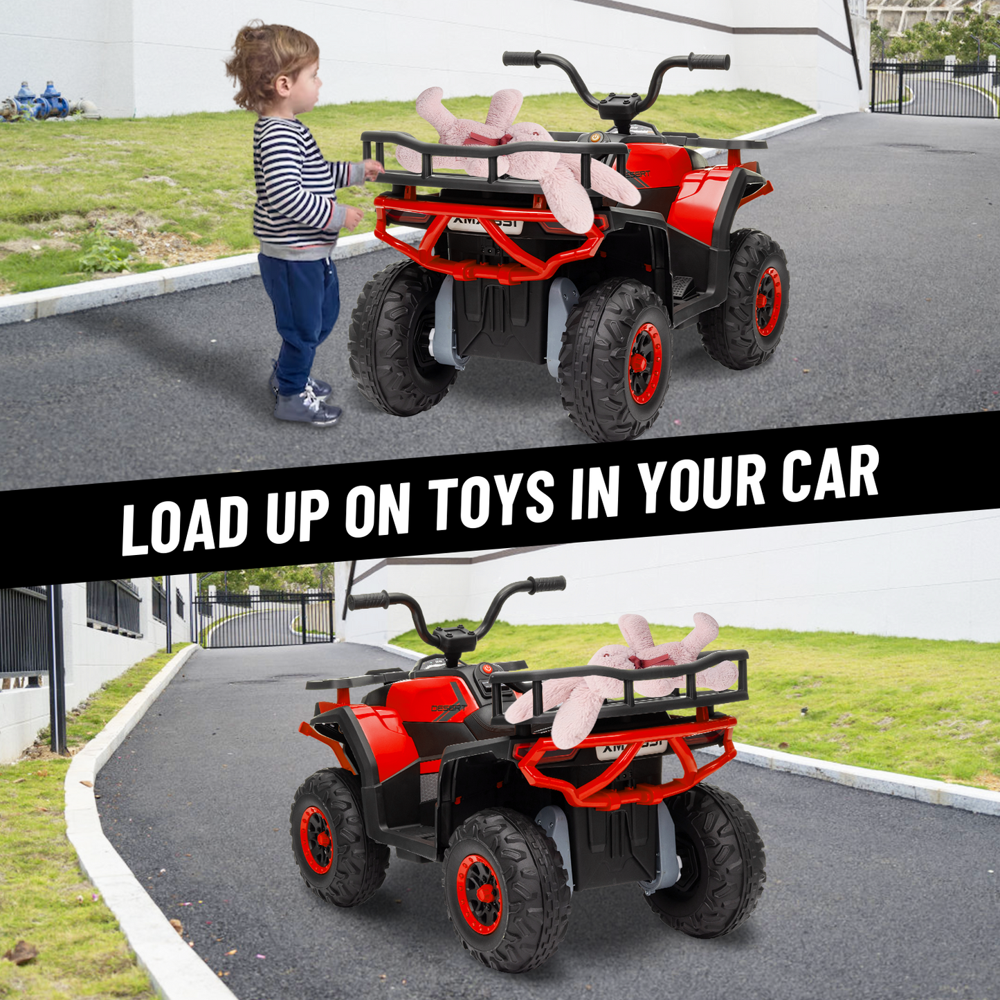 24V 4x4 Ride on Toys Car, BLISSRIDE Kids ATV Quad w/Kneepads, 5Mph Max Speed, Music, LED Lights, Rear Storage Rack, Big Tires, Safe Soft Start&Brake, Electric 4 Wheeler for Kids Boys Girls, L Red