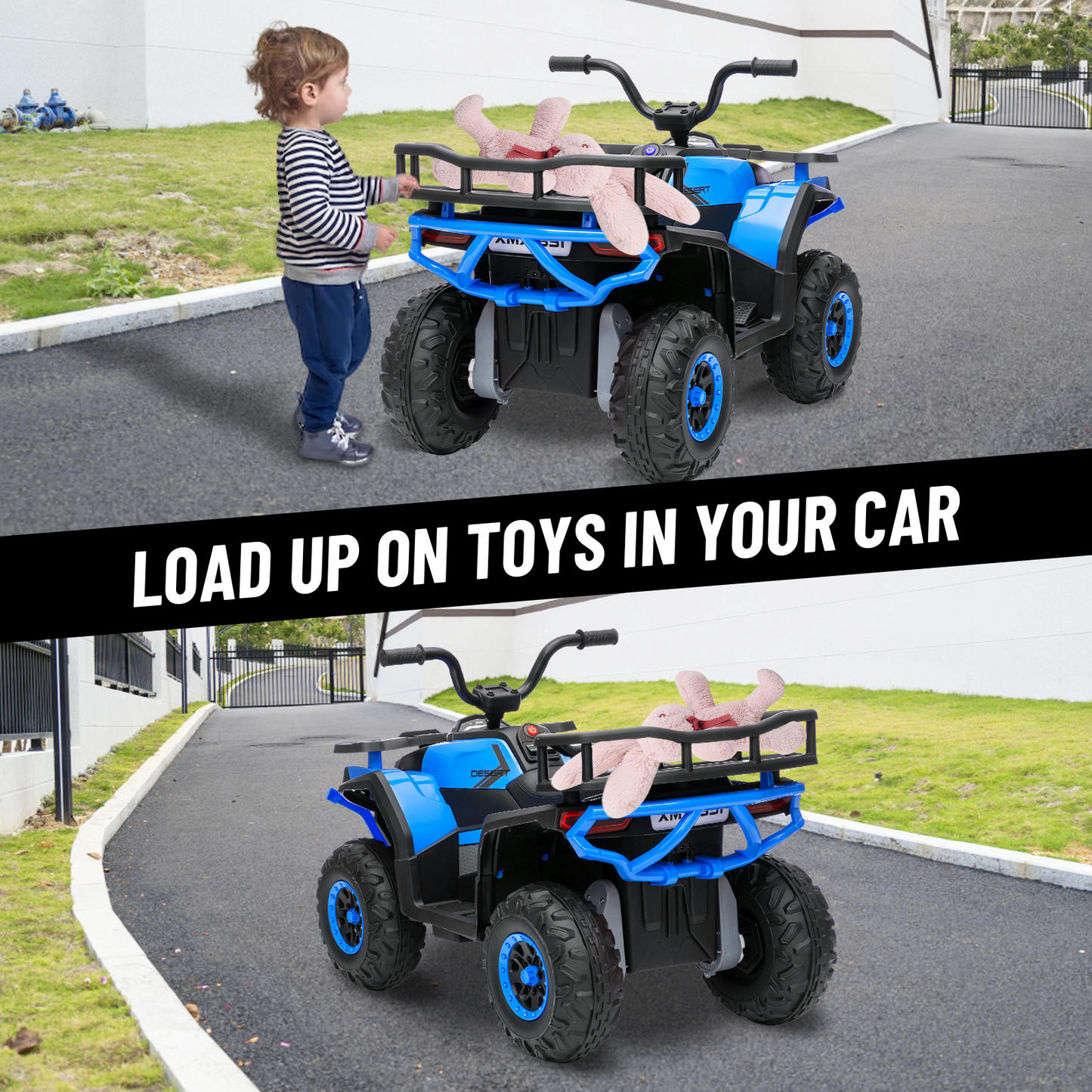 24V 4x4 Ride on Toys Car, BLISSRIDE Kids ATV Quad w/Kneepads, 5Mph Max Speed, Music, LED Lights, Rear Storage Rack, Big Tires, Safe Soft Start&Brake, Electric 4 Wheeler for Kids Boys Girls, L Blue