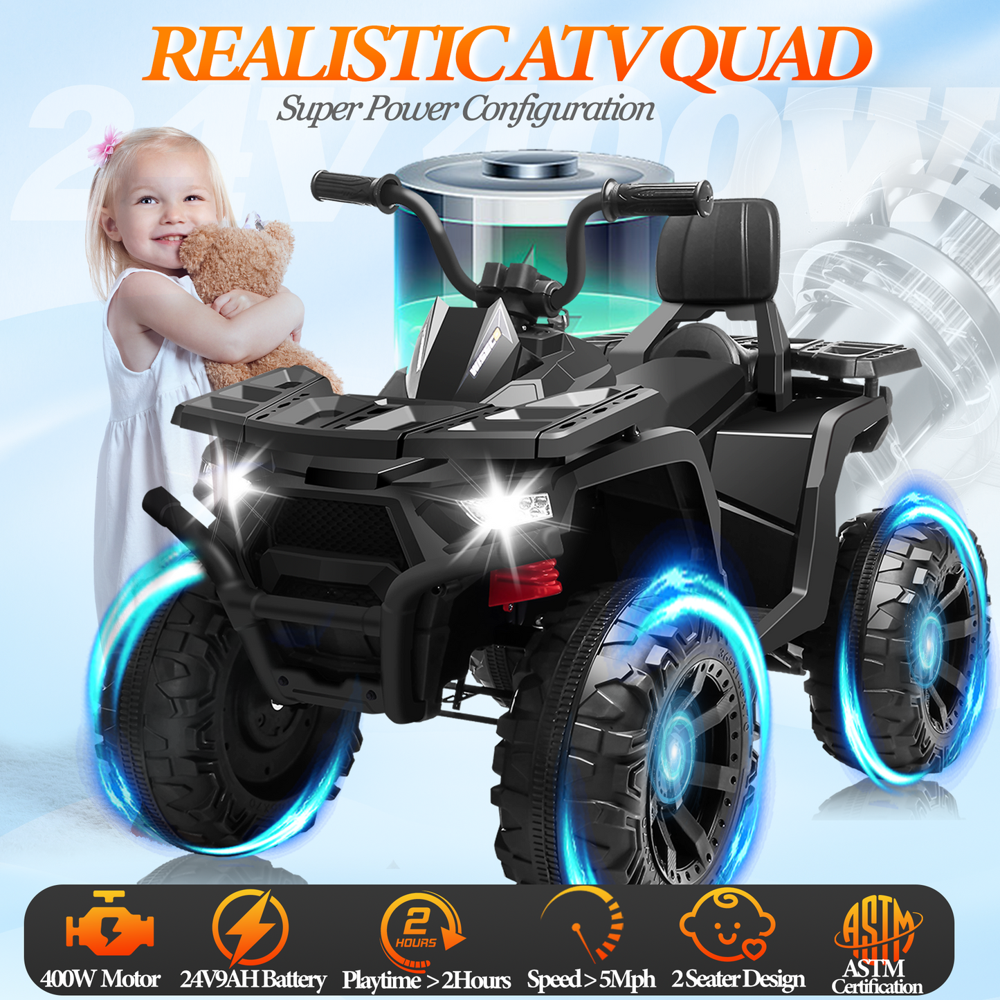 BLISSRIDE 24V Kids ATV 4 Wheeler, 2 Seater Ride on Toy for Big Kids with 400W Motor, 9AH Battery Powered, Protective Gear Set, Bluetooth Music, LED Lights, Spring Suspension, Electric Quad for Boys&Girls,Black
