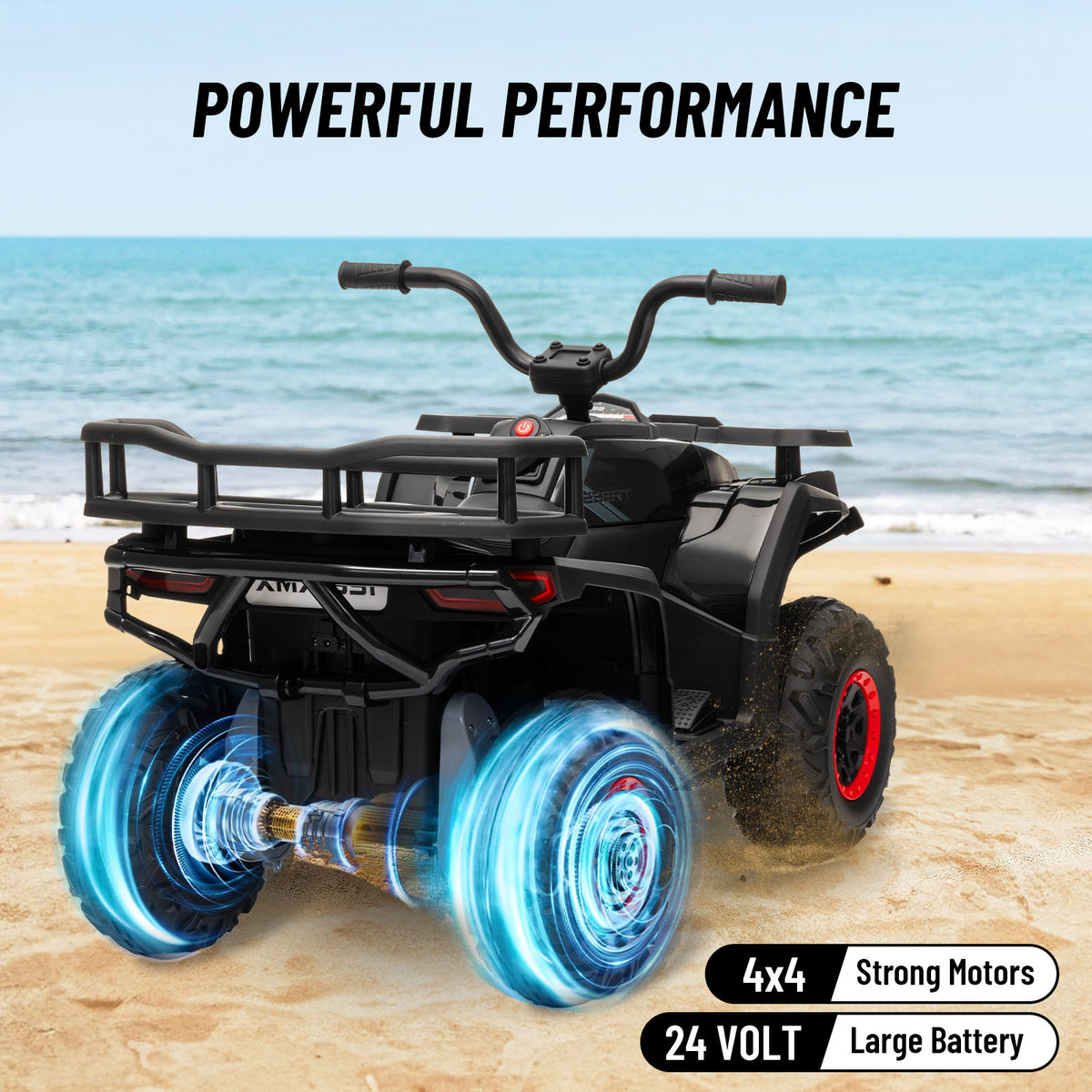24V 4x4 Ride on Toys Car, BLISSRIDE Kids ATV Quad w/Kneepads, 5Mph Max Speed, Music, LED Lights, Rear Storage Rack, Big Tires, Safe Soft Start&Brake, Electric 4 Wheeler for Kids Boys Girls, Black