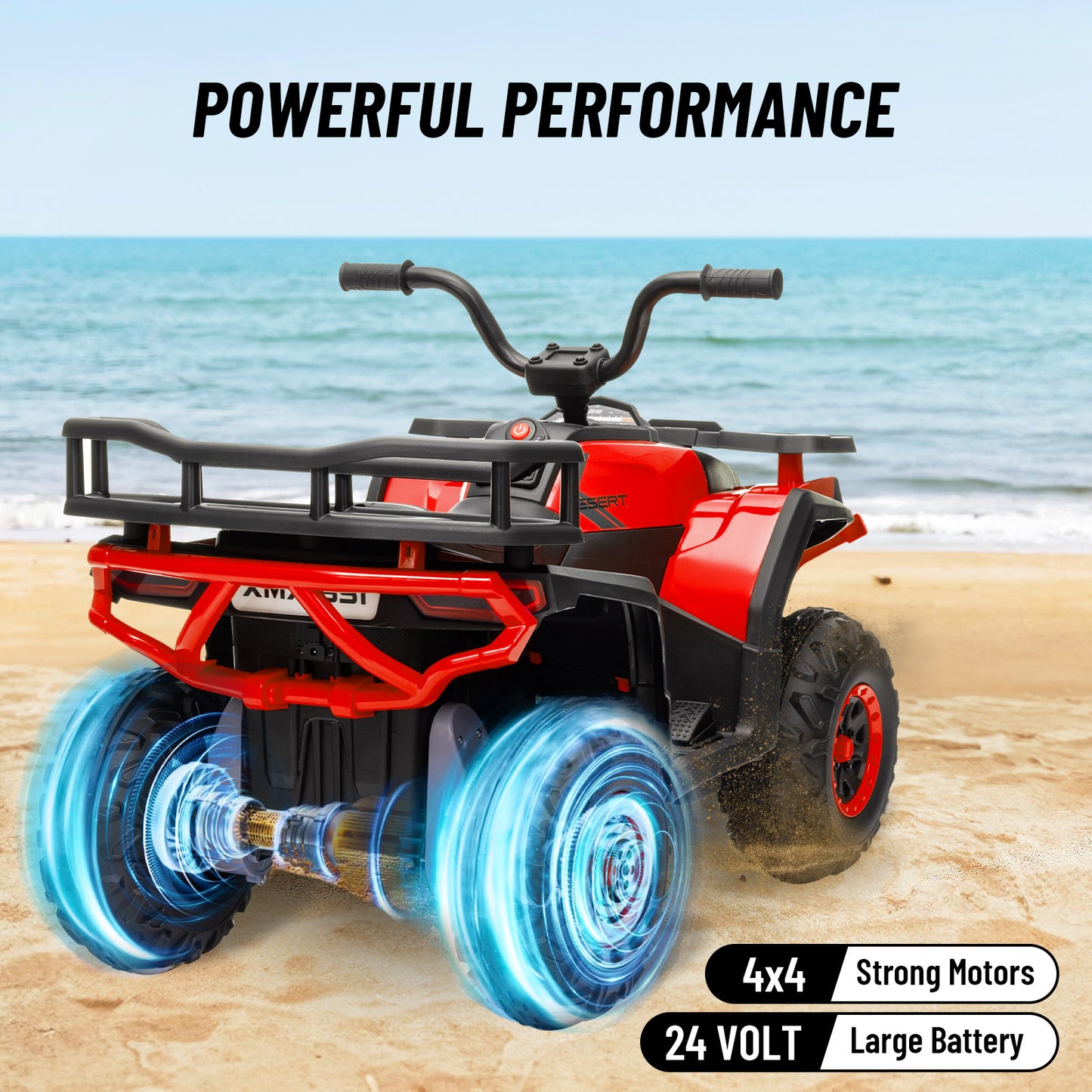 24V 4x4 Ride on Toys Car, BLISSRIDE Kids ATV Quad w/Kneepads, 5Mph Max Speed, Music, LED Lights, Rear Storage Rack, Big Tires, Safe Soft Start&Brake, Electric 4 Wheeler for Kids Boys Girls, L Red