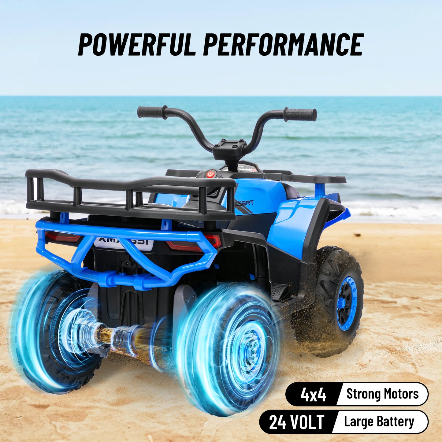 24V 4x4 Ride on Toys Car, BLISSRIDE Kids ATV Quad w/Kneepads, 5Mph Max Speed, Music, LED Lights, Rear Storage Rack, Big Tires, Safe Soft Start&Brake, Electric 4 Wheeler for Kids Boys Girls, L Blue