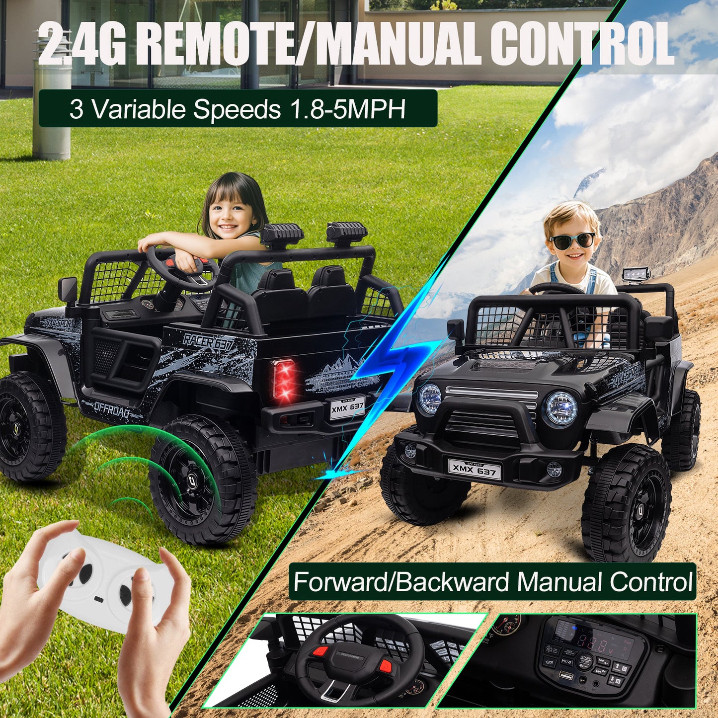 BLISSRIDE 24V Ride On Jeep, Kids 2 Seater Ride On Car Truck w/4WD Motor, Remote Control, 3 Speed, Bluetooth Music, Spring Suspension, LED Light, Kids Electric Car Power Wheels Gift for Boys, Girls - Gray