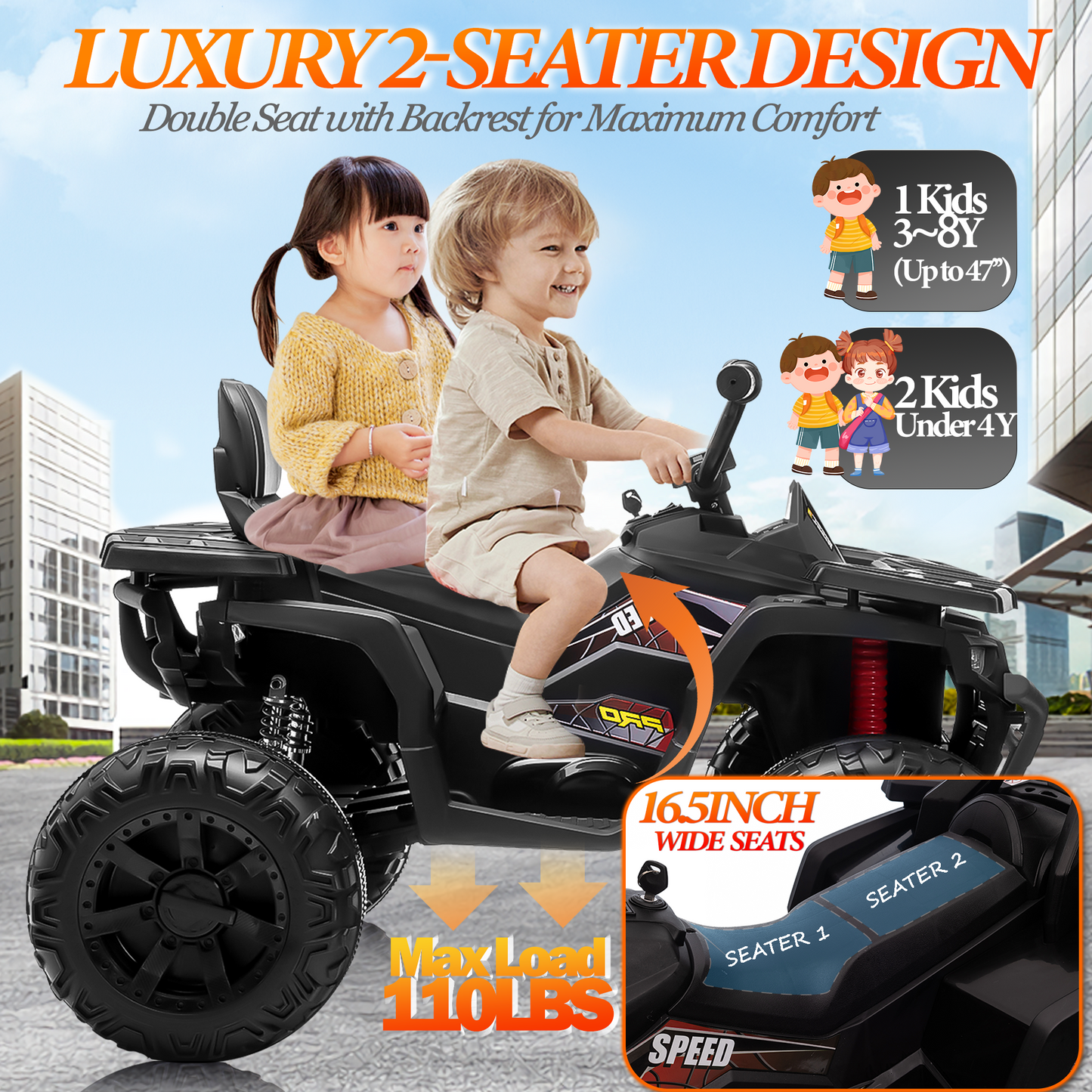 BLISSRIDE 24V Kids ATV 4 Wheeler, 2 Seater Ride on Toy for Big Kids with 400W Motor, 9AH Battery Powered, Protective Gear Set, Bluetooth Music, LED Lights, Spring Suspension, Electric Quad for Boys&Girls,Black