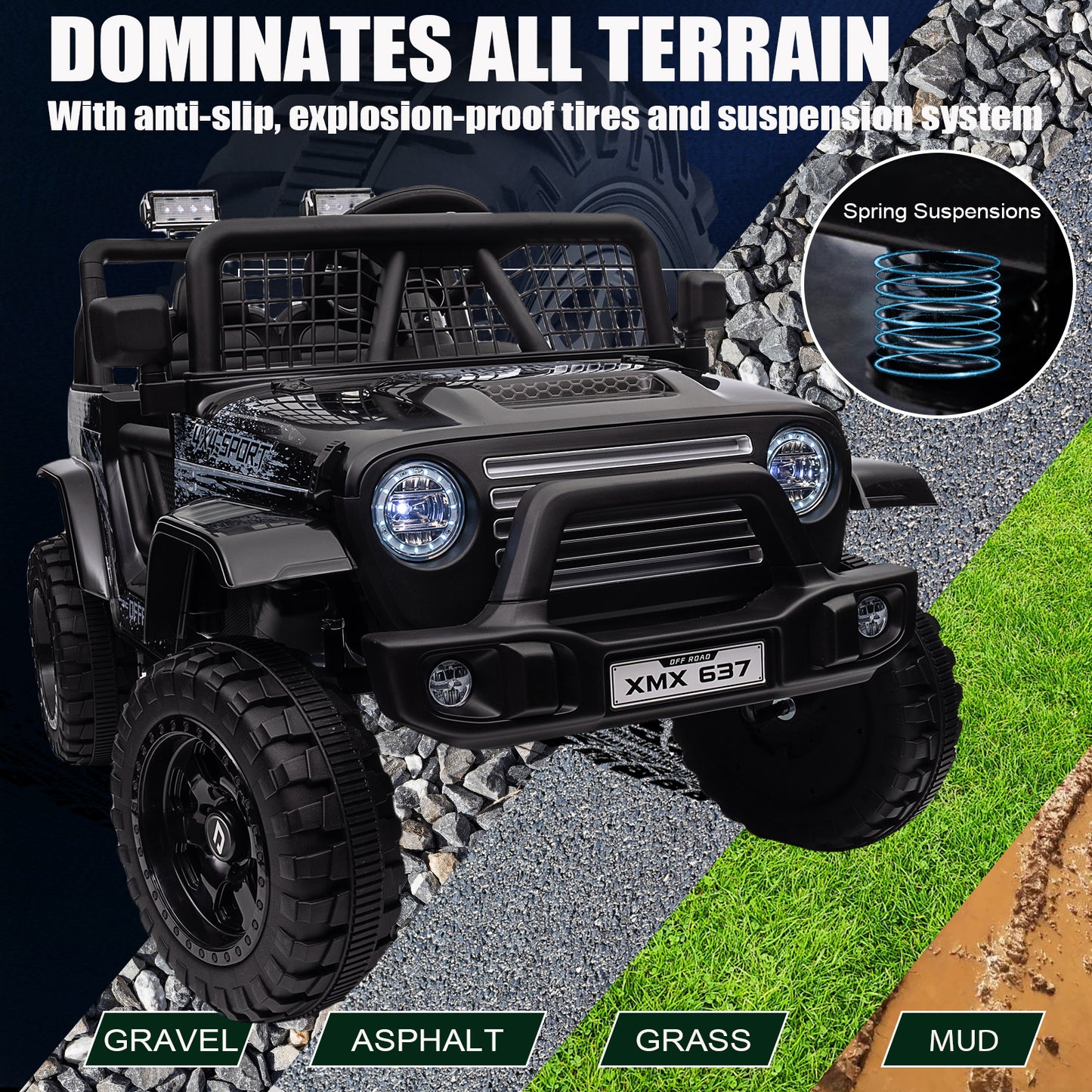 BLISSRIDE 24V Ride On Jeep, Kids 2 Seater Ride On Car Truck w/4WD Motor, Remote Control, 3 Speed, Bluetooth Music, Spring Suspension, LED Light, Kids Electric Car Power Wheels Gift for Boys, Girls - Gray