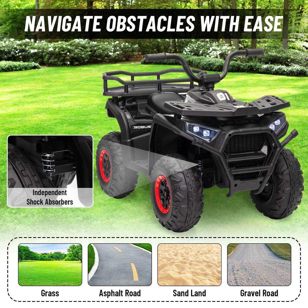 24V 4x4 Ride on Toys Car, BLISSRIDE Kids ATV Quad w/Kneepads, 5Mph Max Speed, Music, LED Lights, Rear Storage Rack, Big Tires, Safe Soft Start&Brake, Electric 4 Wheeler for Kids Boys Girls, Black