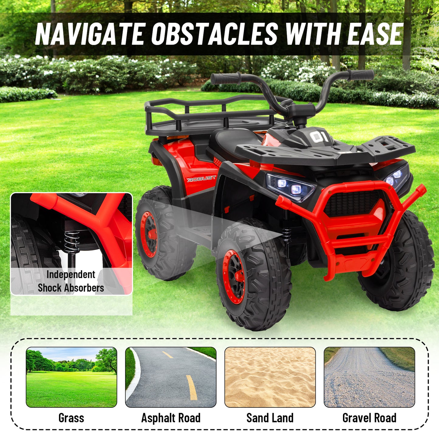 24V 4x4 Ride on Toys Car, BLISSRIDE Kids ATV Quad w/Kneepads, 5Mph Max Speed, Music, LED Lights, Rear Storage Rack, Big Tires, Safe Soft Start&Brake, Electric 4 Wheeler for Kids Boys Girls, L Red