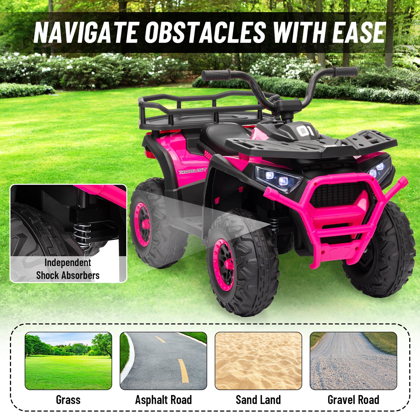 24V 4x4 Ride on Toys Car, BLISSRIDE Kids ATV Quad w/Kneepads, 5Mph Max Speed, Music, LED Lights, Rear Storage Rack, Big Tires, Safe Soft Start&Brake, Electric 4 Wheeler for Kids Boys Girls, B Pink