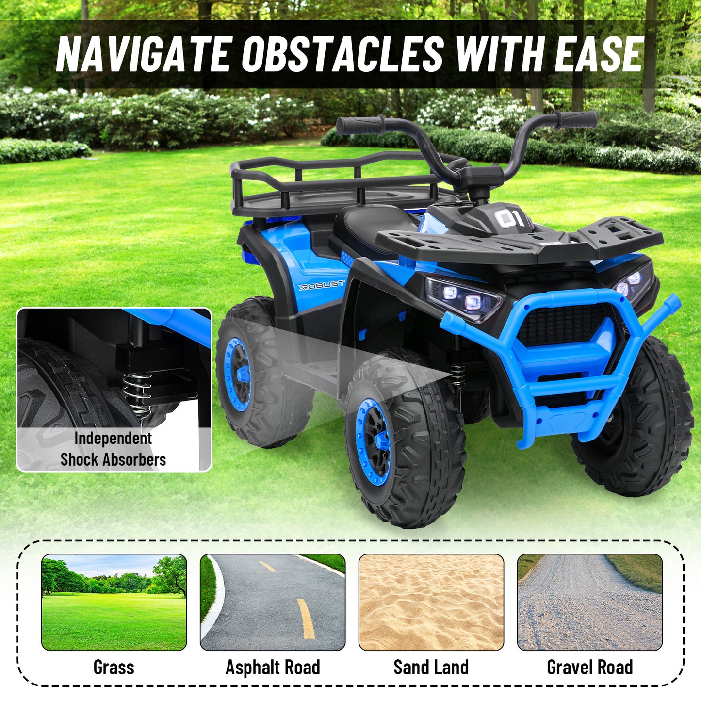 24V 4x4 Ride on Toys Car, BLISSRIDE Kids ATV Quad w/Kneepads, 5Mph Max Speed, Music, LED Lights, Rear Storage Rack, Big Tires, Safe Soft Start&Brake, Electric 4 Wheeler for Kids Boys Girls, L Blue