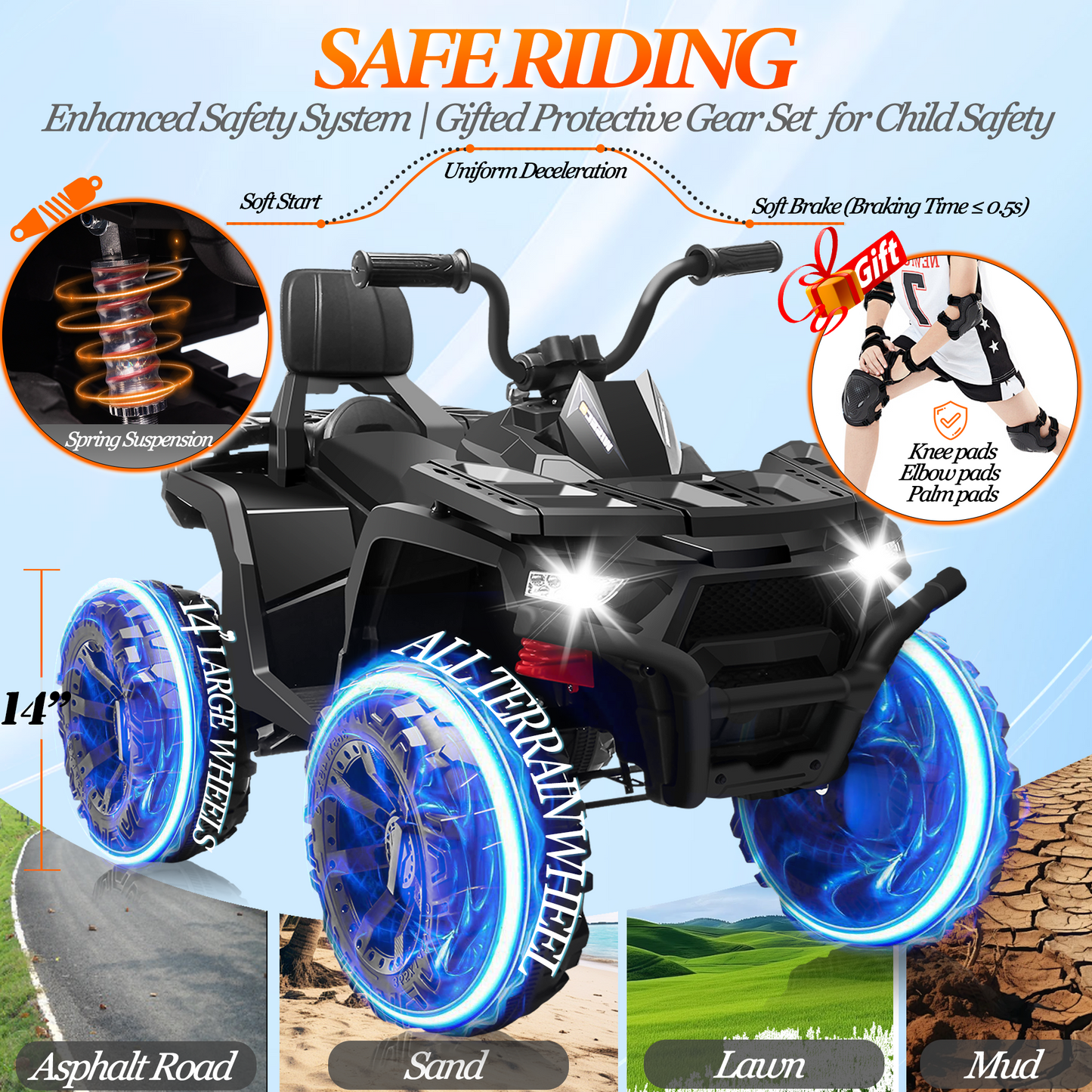 BLISSRIDE 24V Kids ATV 4 Wheeler, 2 Seater Ride on Toy for Big Kids with 400W Motor, 9AH Battery Powered, Protective Gear Set, Bluetooth Music, LED Lights, Spring Suspension, Electric Quad for Boys&Girls,Black