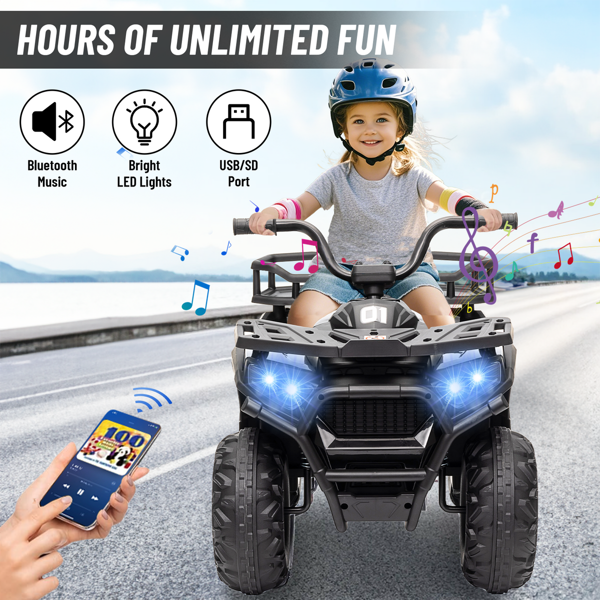 24V 4x4 Ride on Toys Car, BLISSRIDE Kids ATV Quad w/Kneepads, 5Mph Max Speed, Music, LED Lights, Rear Storage Rack, Big Tires, Safe Soft Start&Brake, Electric 4 Wheeler for Kids Boys Girls, Black