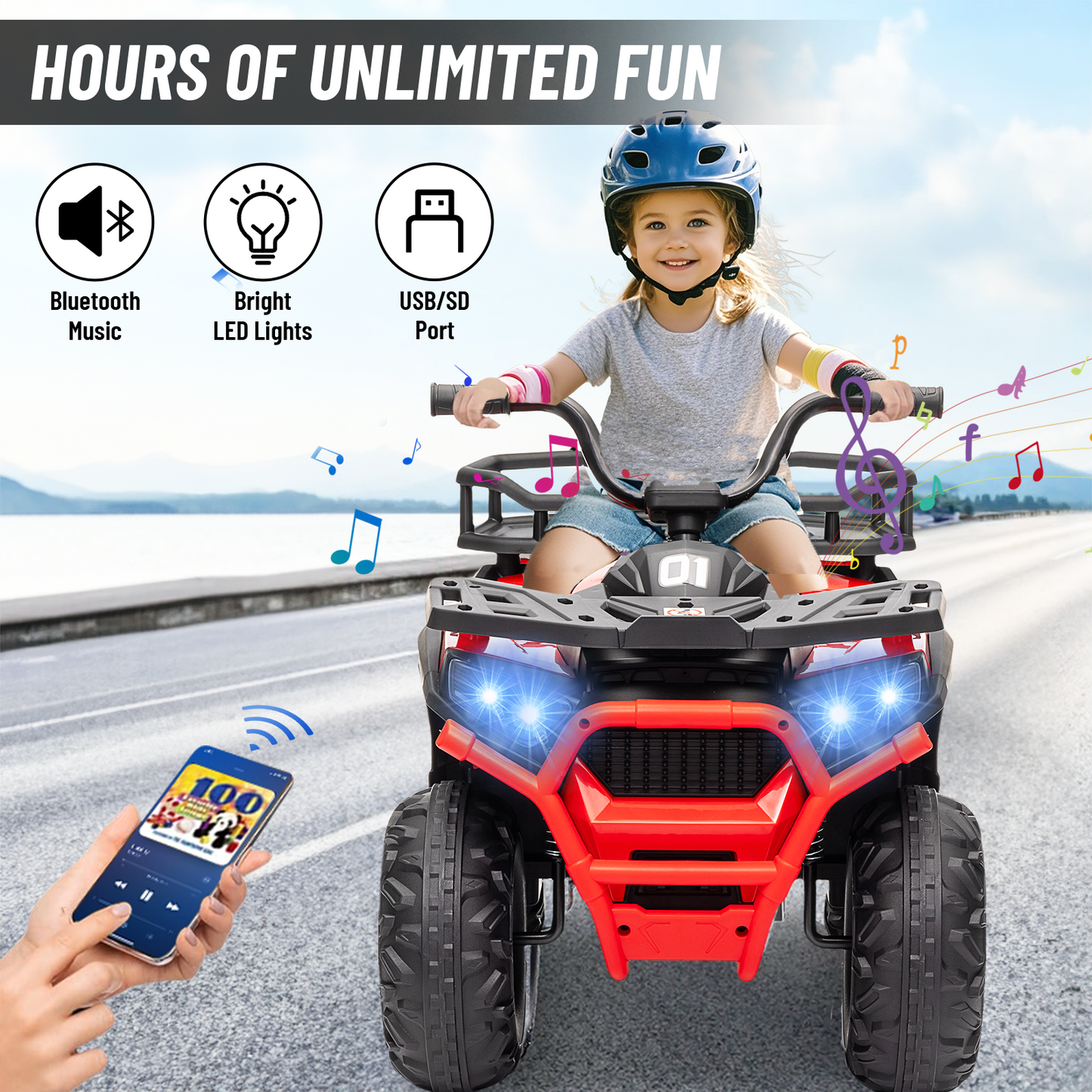24V 4x4 Ride on Toys Car, BLISSRIDE Kids ATV Quad w/Kneepads, 5Mph Max Speed, Music, LED Lights, Rear Storage Rack, Big Tires, Safe Soft Start&Brake, Electric 4 Wheeler for Kids Boys Girls, L Red