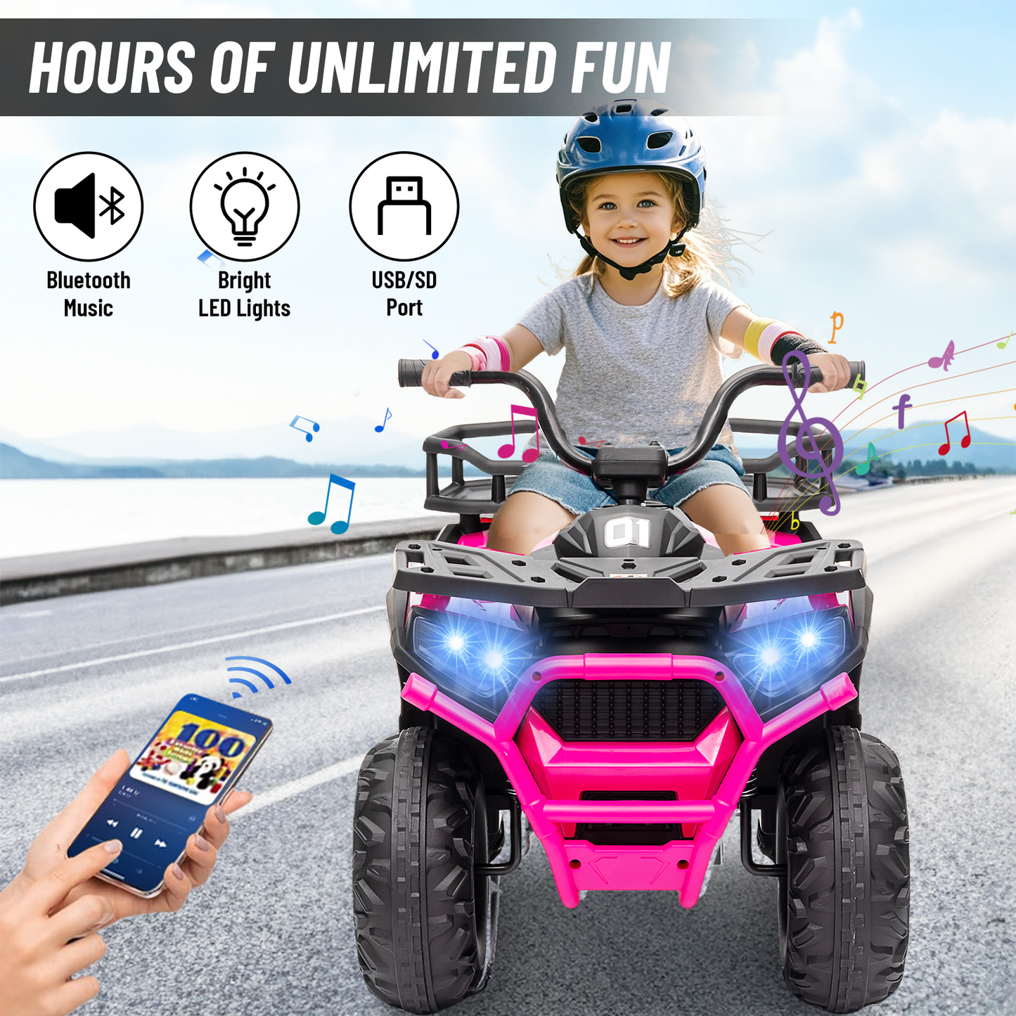 24V 4x4 Ride on Toys Car, BLISSRIDE Kids ATV Quad w/Kneepads, 5Mph Max Speed, Music, LED Lights, Rear Storage Rack, Big Tires, Safe Soft Start&Brake, Electric 4 Wheeler for Kids Boys Girls, B Pink