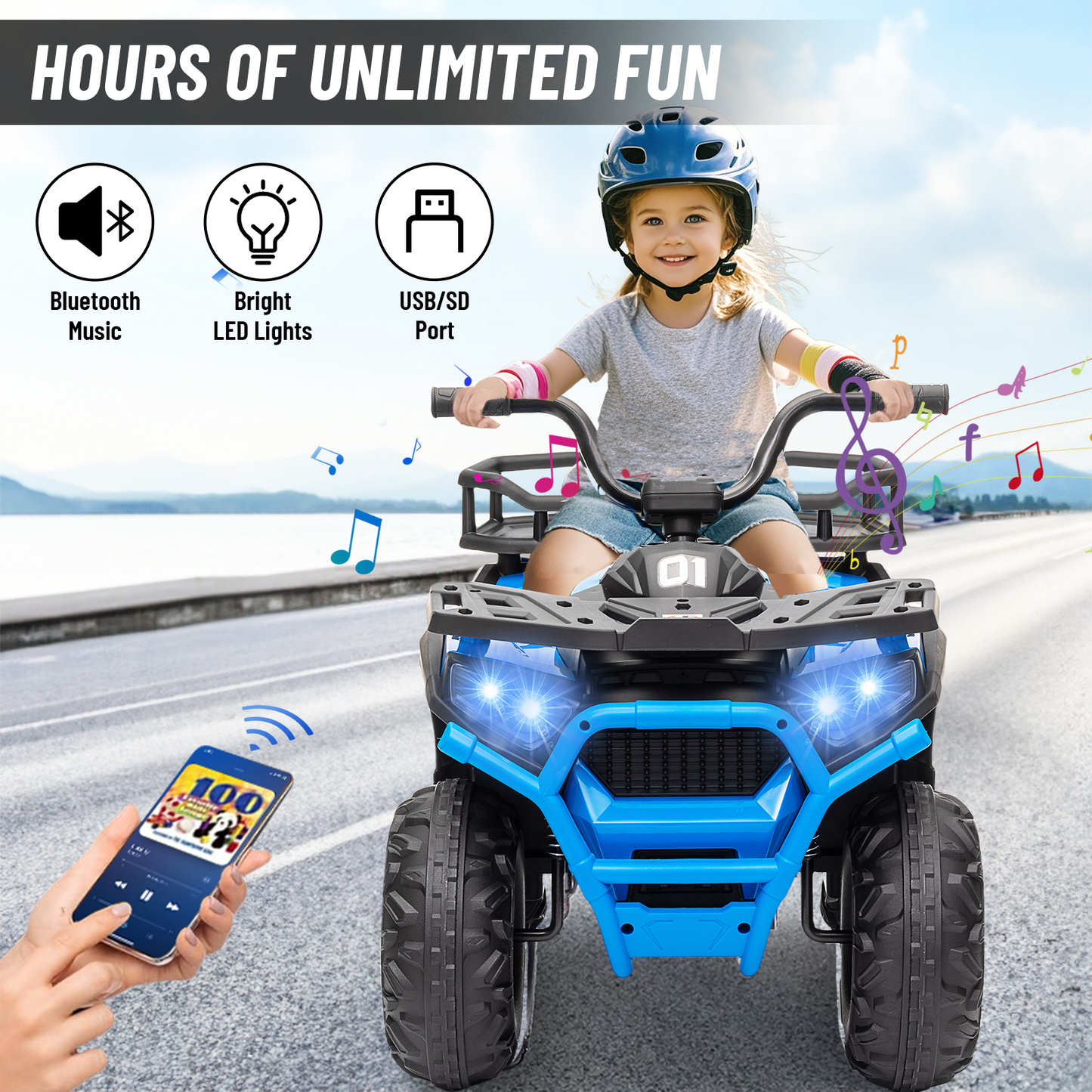 24V 4x4 Ride on Toys Car, BLISSRIDE Kids ATV Quad w/Kneepads, 5Mph Max Speed, Music, LED Lights, Rear Storage Rack, Big Tires, Safe Soft Start&Brake, Electric 4 Wheeler for Kids Boys Girls, L Blue
