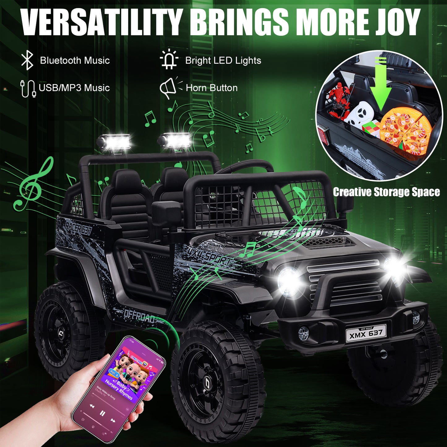 BLISSRIDE 24V Ride On Jeep, Kids 2 Seater Ride On Car Truck w/4WD Motor, Remote Control, 3 Speed, Bluetooth Music, Spring Suspension, LED Light, Kids Electric Car Power Wheels Gift for Boys, Girls - Gray