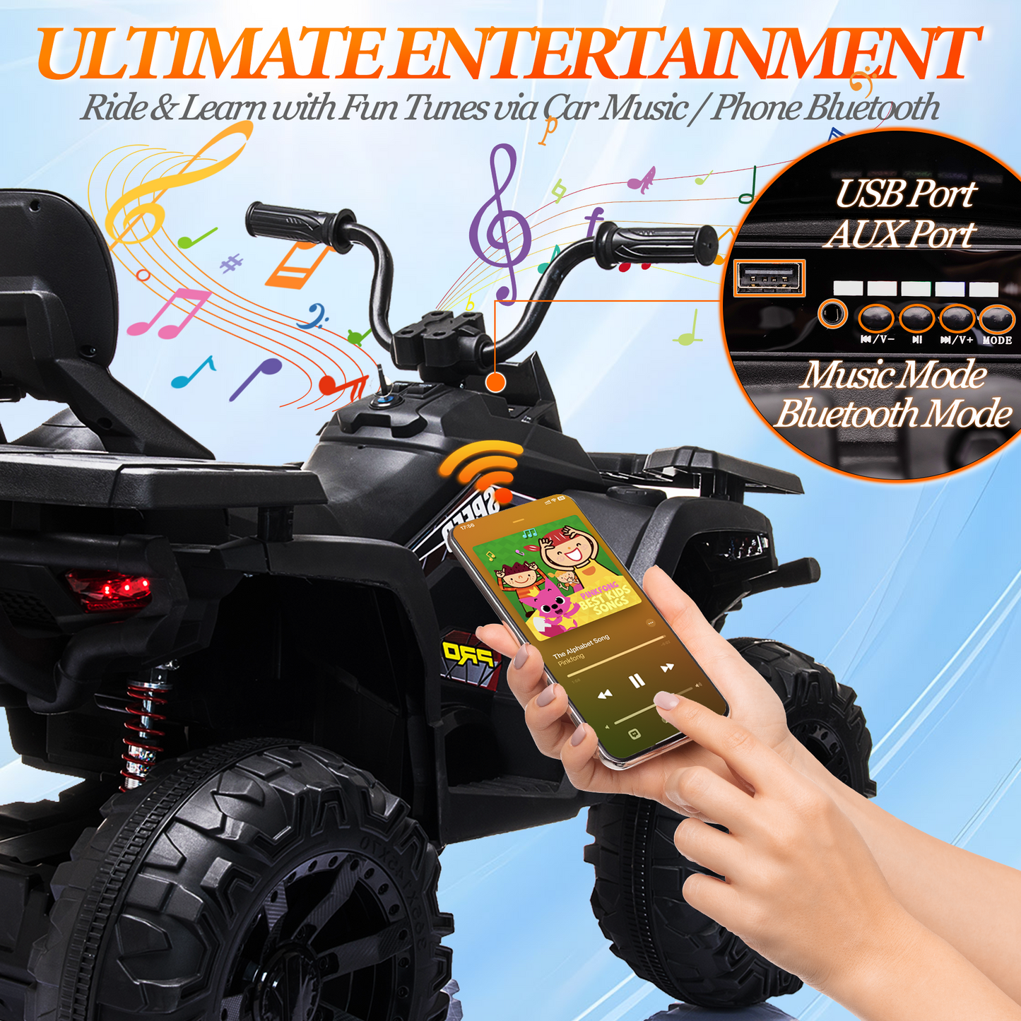 BLISSRIDE 24V Kids ATV 4 Wheeler, 2 Seater Ride on Toy for Big Kids with 400W Motor, 9AH Battery Powered, Protective Gear Set, Bluetooth Music, LED Lights, Spring Suspension, Electric Quad for Boys&Girls,Black