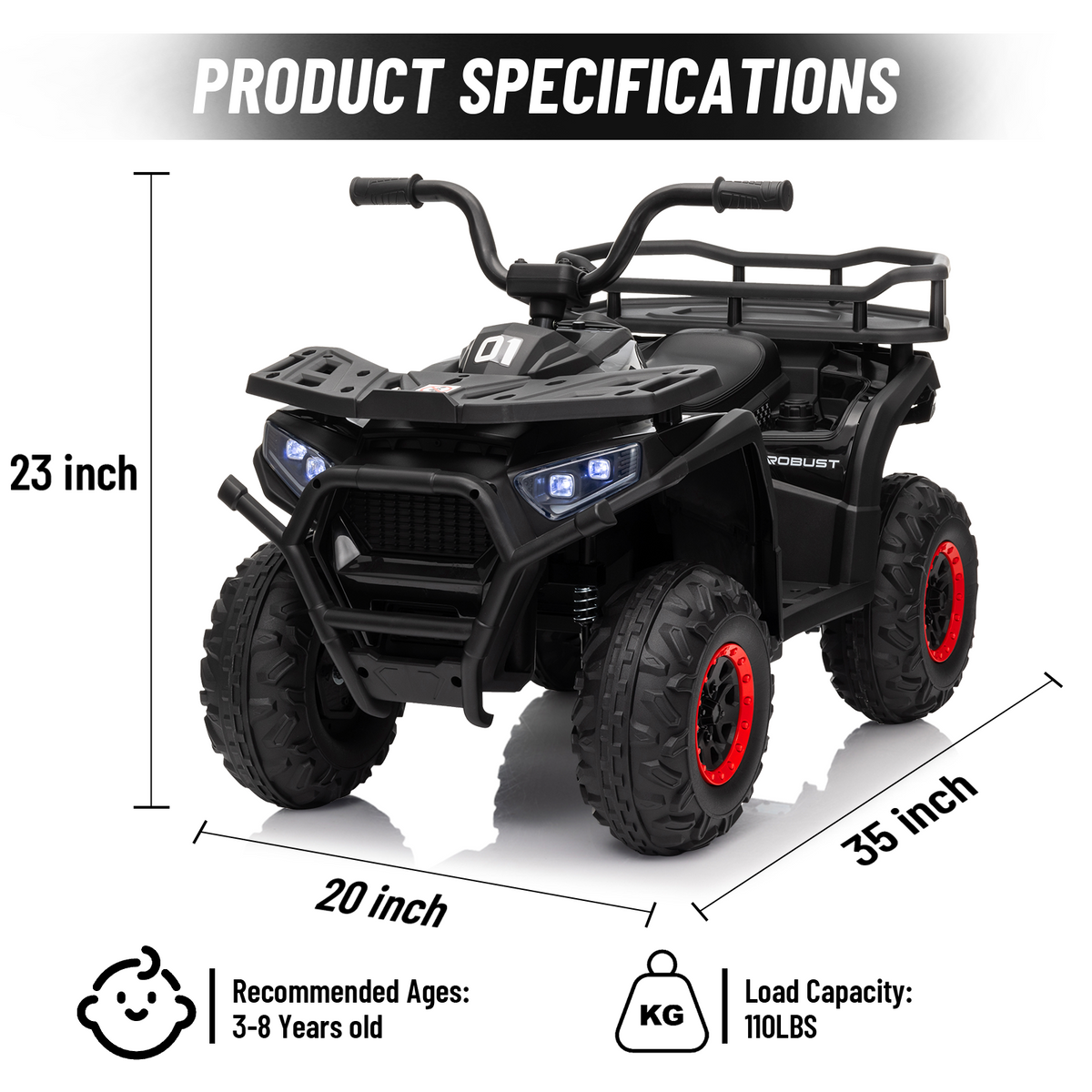 24V 4x4 Ride on Toys Car, BLISSRIDE Kids ATV Quad w/Kneepads, 5Mph Max Speed, Music, LED Lights, Rear Storage Rack, Big Tires, Safe Soft Start&Brake, Electric 4 Wheeler for Kids Boys Girls, Black