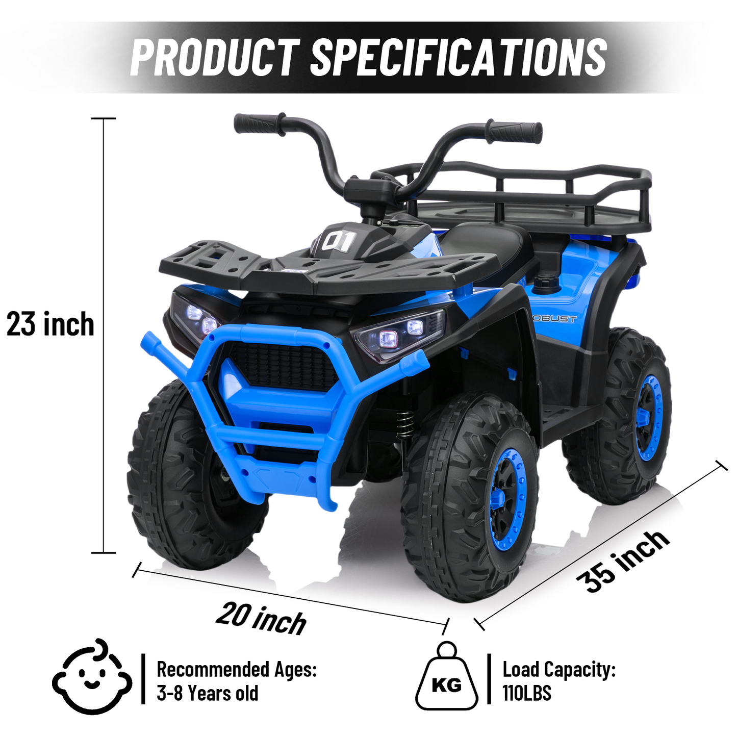 24V 4x4 Ride on Toys Car, BLISSRIDE Kids ATV Quad w/Kneepads, 5Mph Max Speed, Music, LED Lights, Rear Storage Rack, Big Tires, Safe Soft Start&Brake, Electric 4 Wheeler for Kids Boys Girls, L Blue