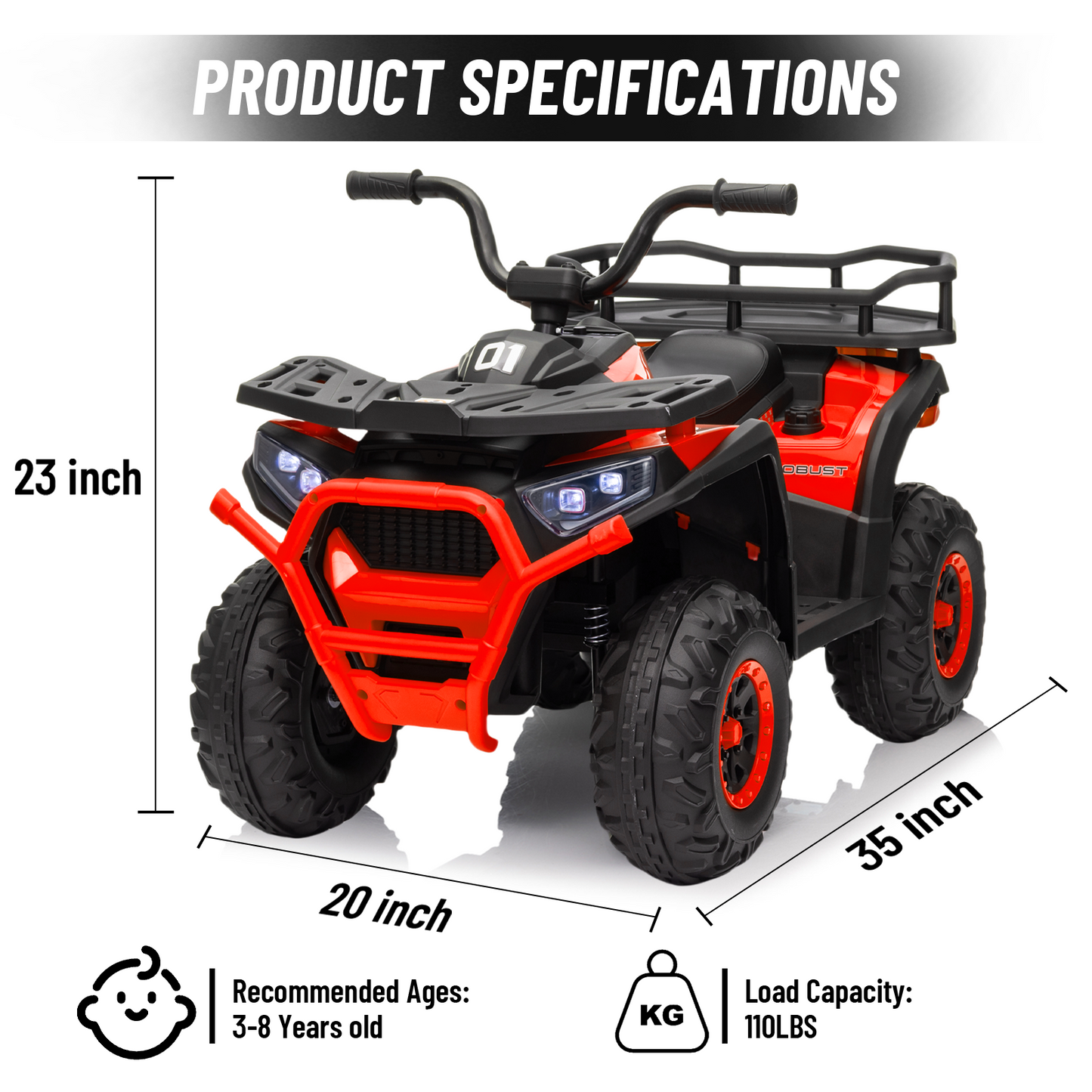 24V 4x4 Ride on Toys Car, BLISSRIDE Kids ATV Quad w/Kneepads, 5Mph Max Speed, Music, LED Lights, Rear Storage Rack, Big Tires, Safe Soft Start&Brake, Electric 4 Wheeler for Kids Boys Girls, L Red