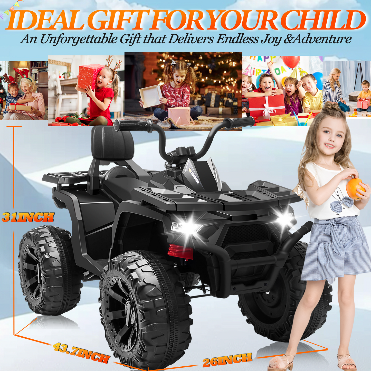 BLISSRIDE 24V Kids ATV 4 Wheeler, 2 Seater Ride on Toy for Big Kids with 400W Motor, 9AH Battery Powered, Protective Gear Set, Bluetooth Music, LED Lights, Spring Suspension, Electric Quad for Boys&Girls,Black