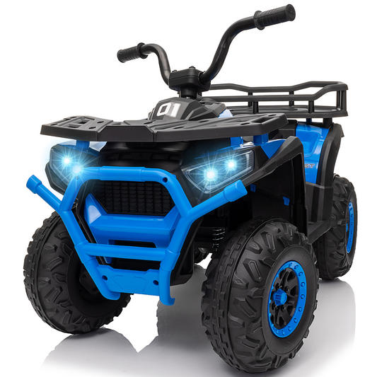 24V 4x4 Ride on Toys Car, BLISSRIDE Kids ATV Quad w/Kneepads, 5Mph Max Speed, Music, LED Lights, Rear Storage Rack, Big Tires, Safe Soft Start&Brake, Electric 4 Wheeler for Kids Boys Girls, Blue